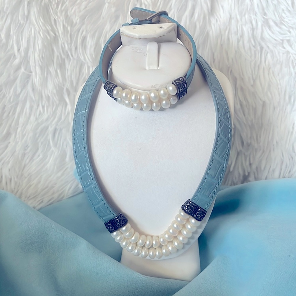 Honora Double Row Pearl Blue Genuine Leather Buckle Bracelet and Necklace